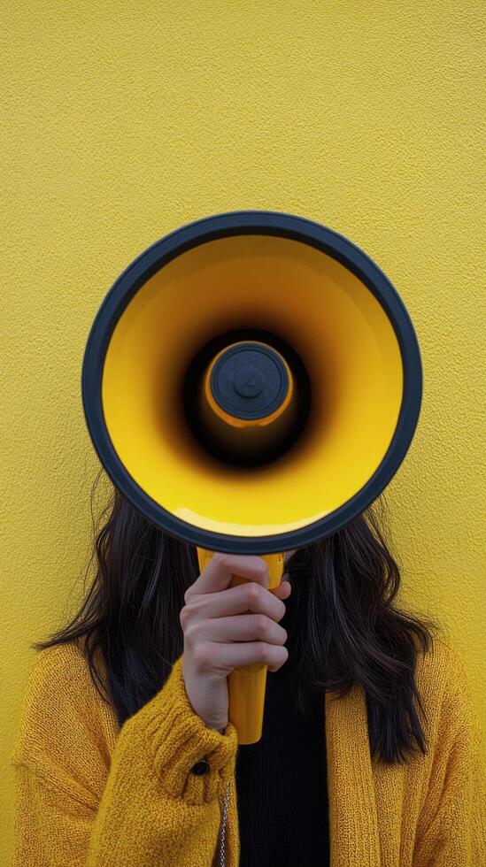 A woman holding a megaphone over her head photo