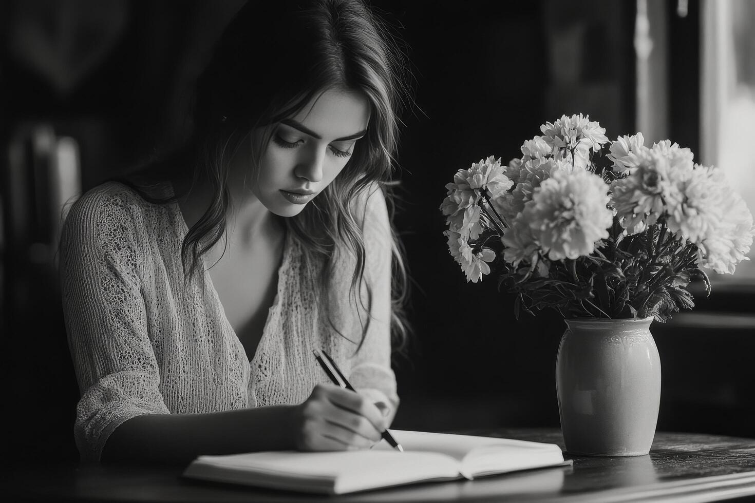 A woman is writing in a book while sitting at a table photo