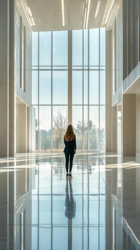 A woman walking through a large building with large windows photo