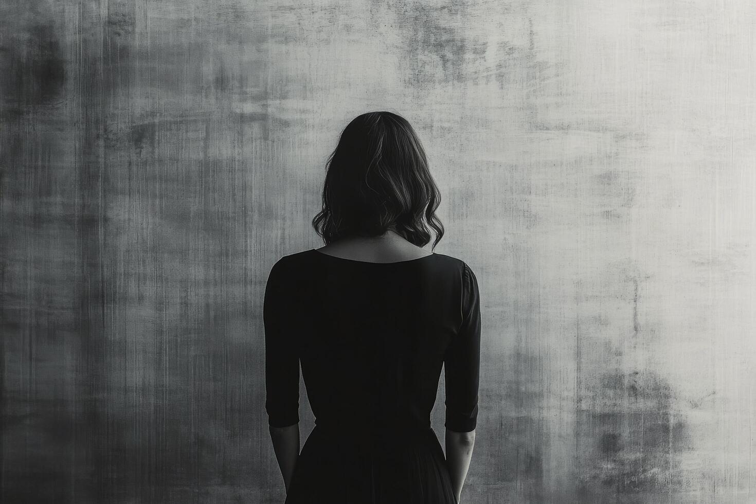 A woman standing in front of a wall with a black and white photo