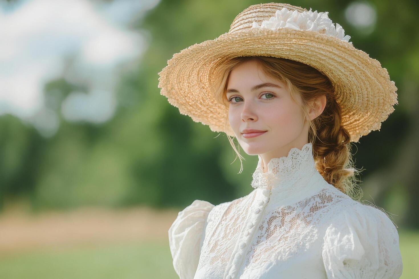 A woman in a white dress and hat photo