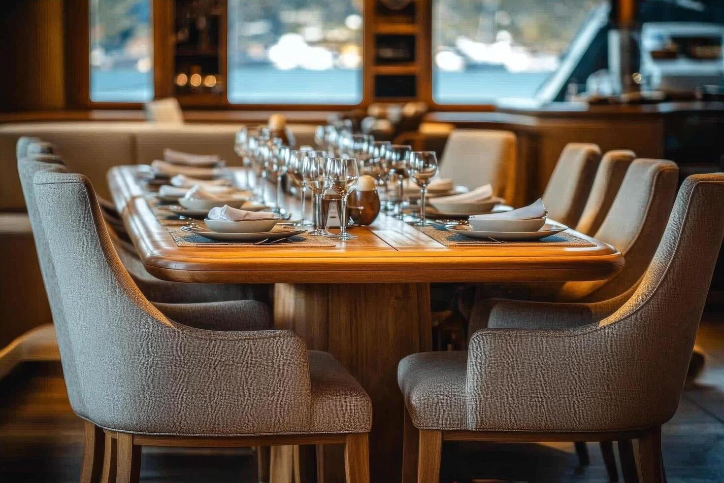 A table with a large number of chairs and a large window photo