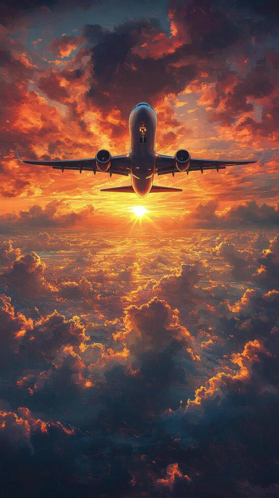 An airplane flying over the clouds at sunset photo