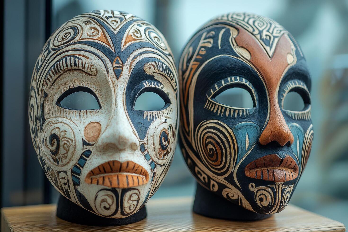 Two masks with different designs on them photo