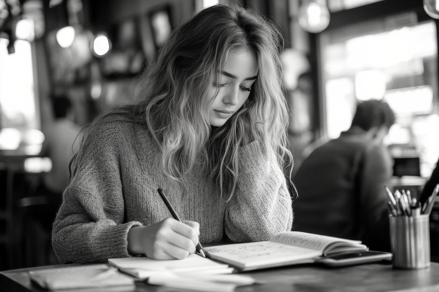 A woman is writing in a notebook while sitting at a table photo