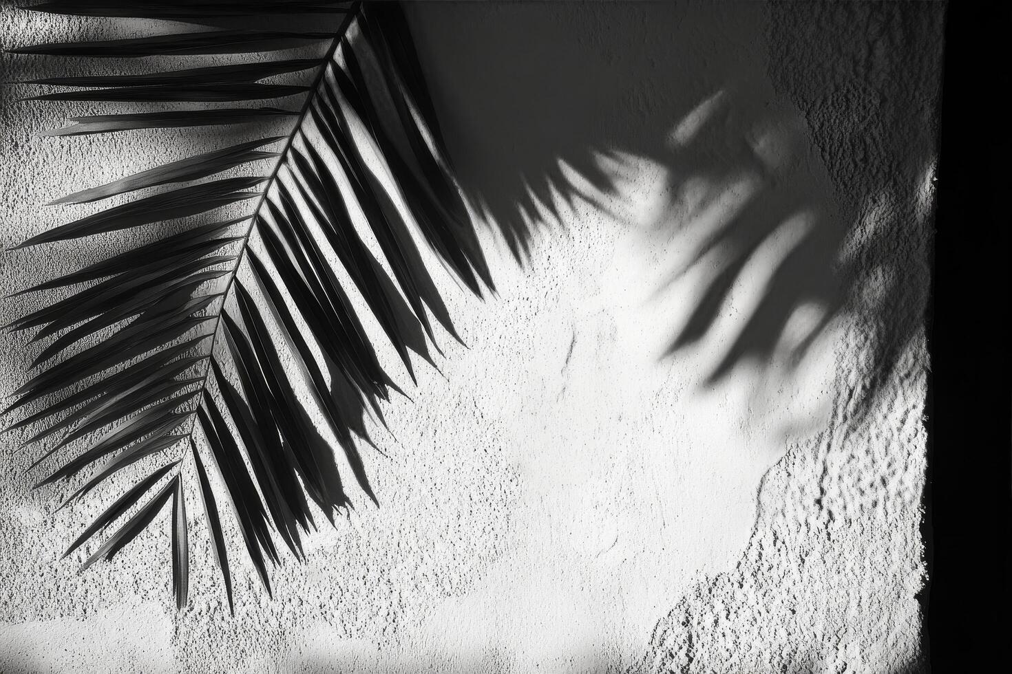 Palm leaf, black and white, on a wall photo