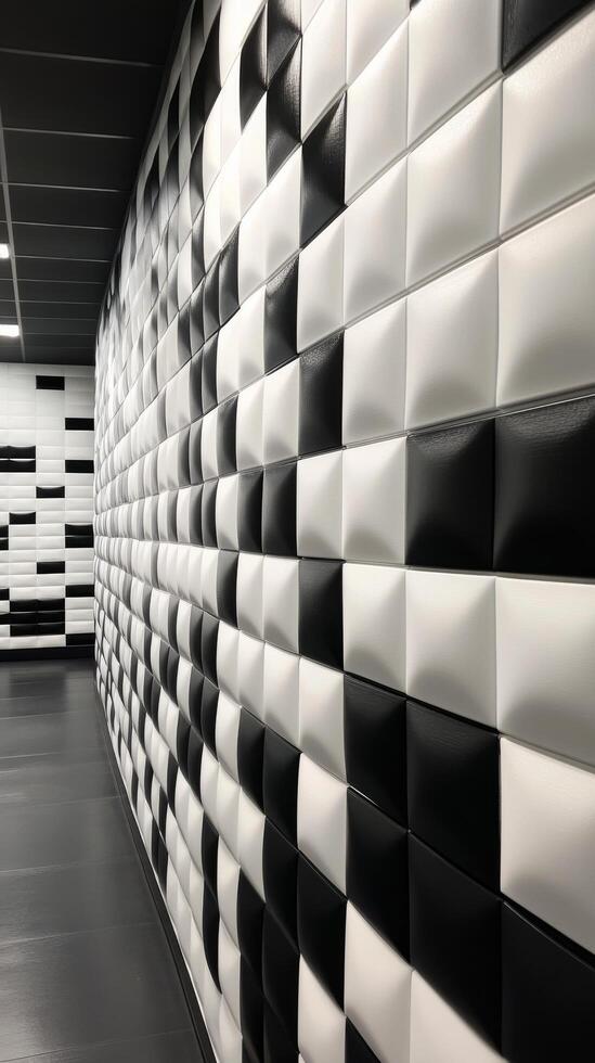 A black and white wall with a checkered pattern photo