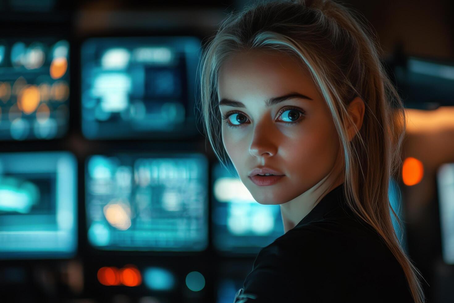 A woman in front of a computer screen photo