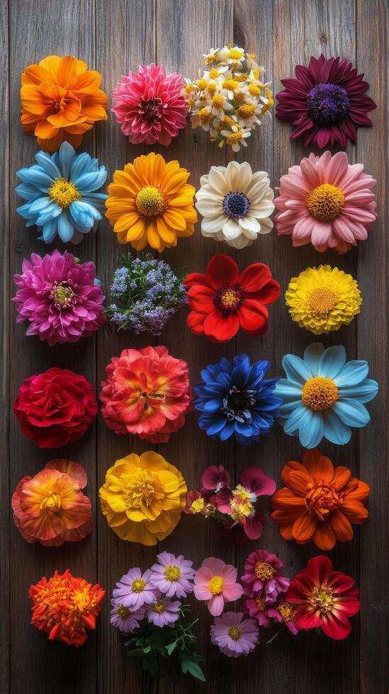 Colorful flowers arranged in a circle on a wooden background photo