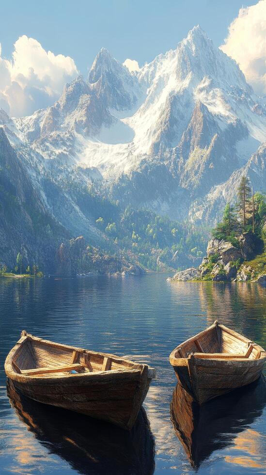 Two wooden boats floating on the water in front of a mountain range photo
