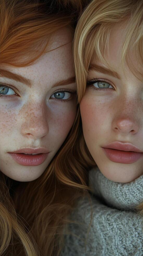 Two women with freckles and blue eyes photo
