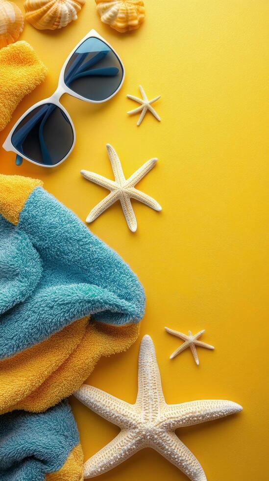 Summer vacation concept with beach towel, sunglasses and starfish on yellow background photo
