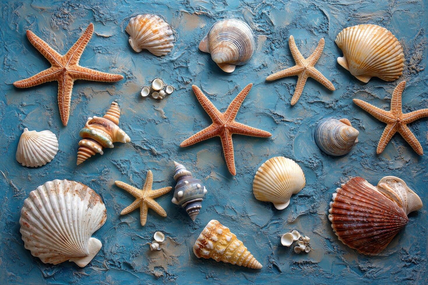 Sea shells and starfishs on a blue background photo