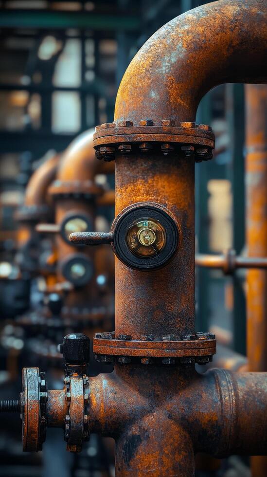 An old rusty pipe with a valve on it photo