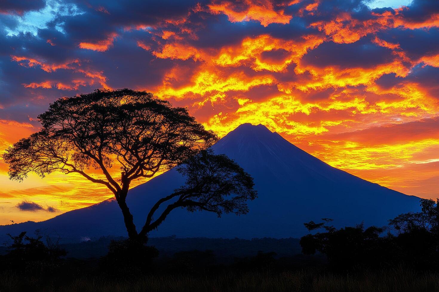 A tree and a volcano are silhouetted against a colorful sunset photo
