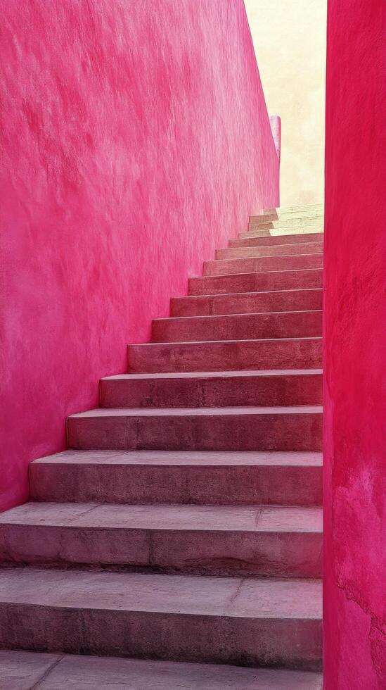 A stairway leading to a pink wall with steps photo