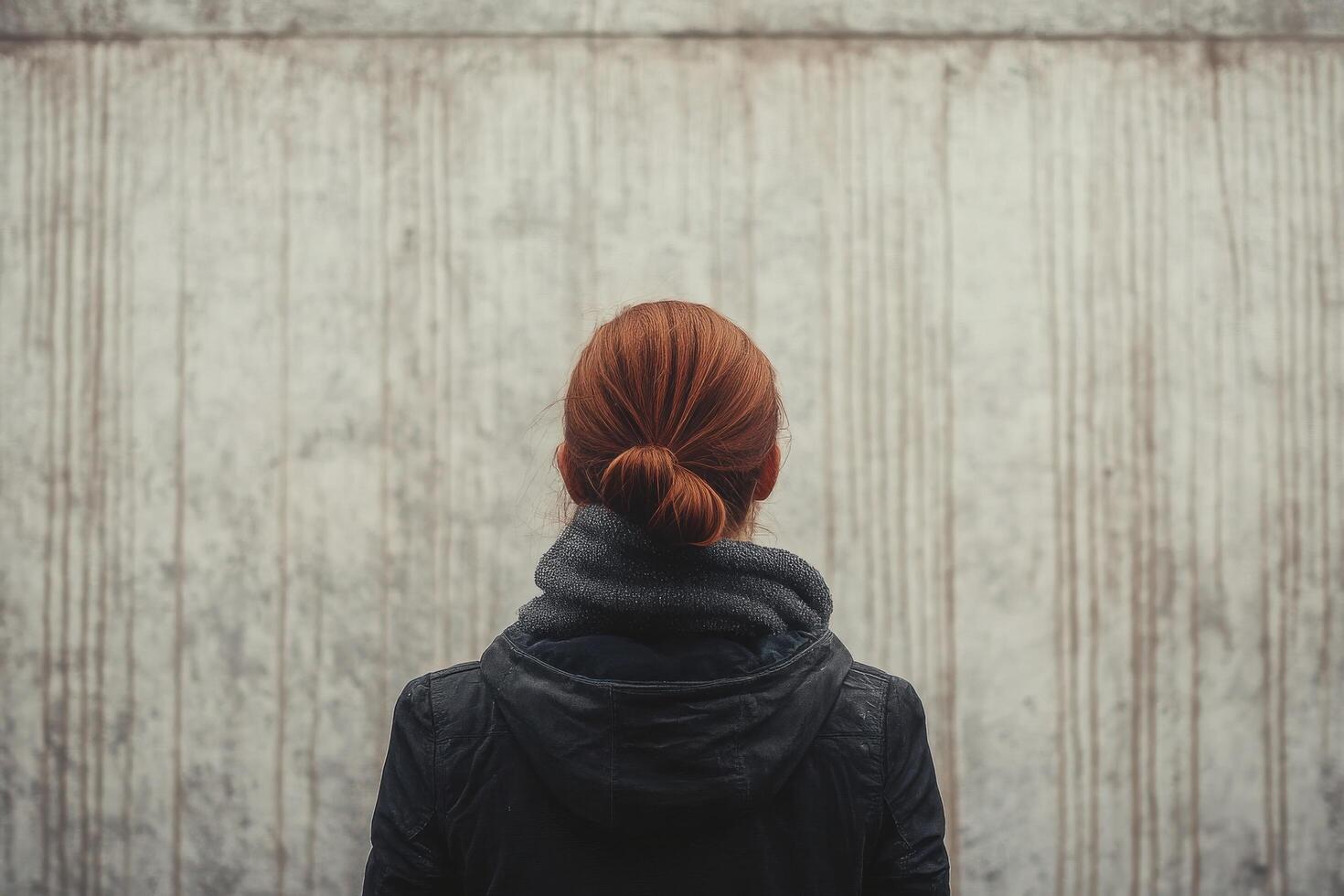 A woman with red hair in a hoodie looking at a wall photo