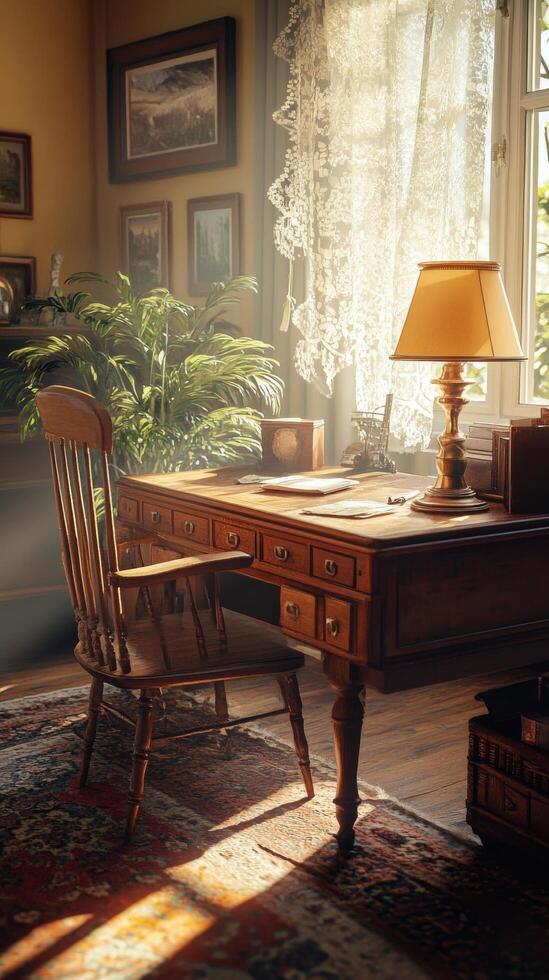 A desk with a lamp and a chair photo
