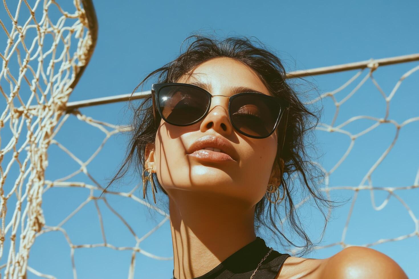 A woman wearing sunglasses and a black top photo