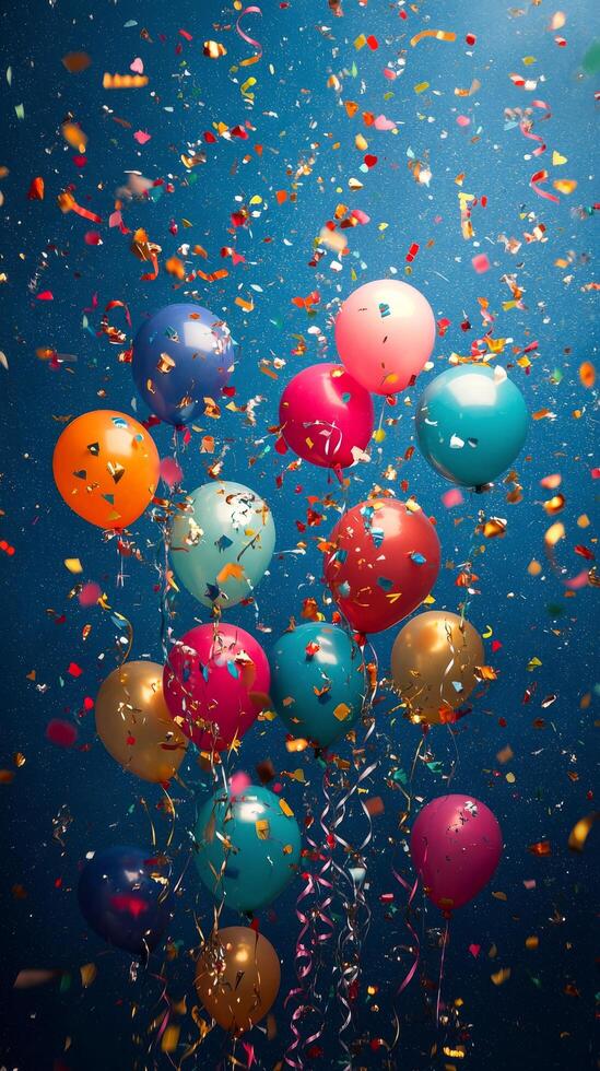 Many colorful balloons and confetti falling from the sky photo