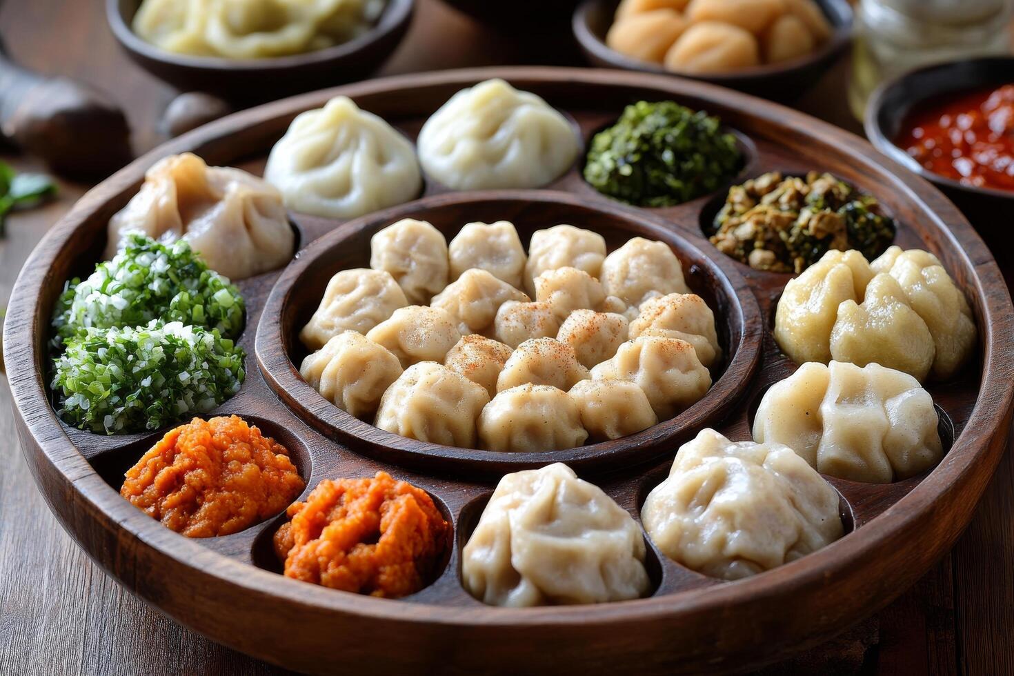 A wooden bowl filled with various types of dumplings photo