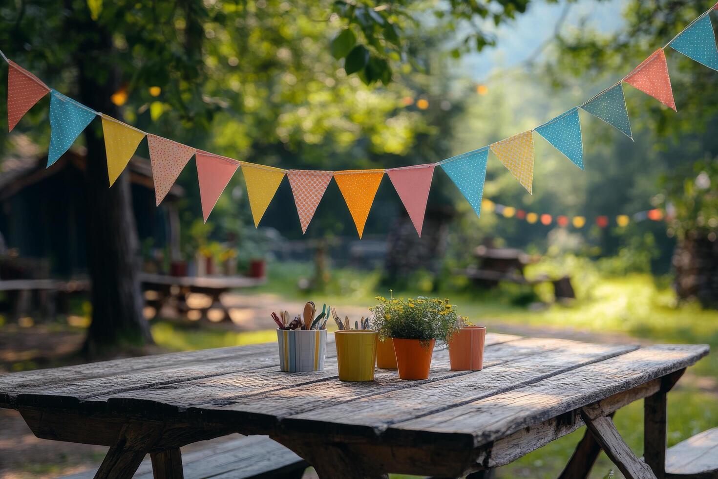 A picnic table with colorful bunting hanging from it photo