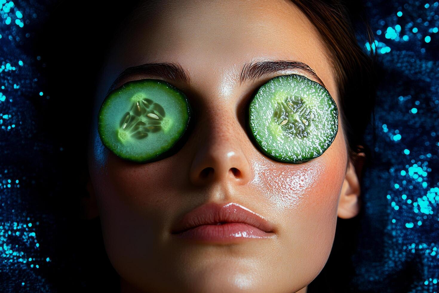A woman with cucumber slices on her eyes photo