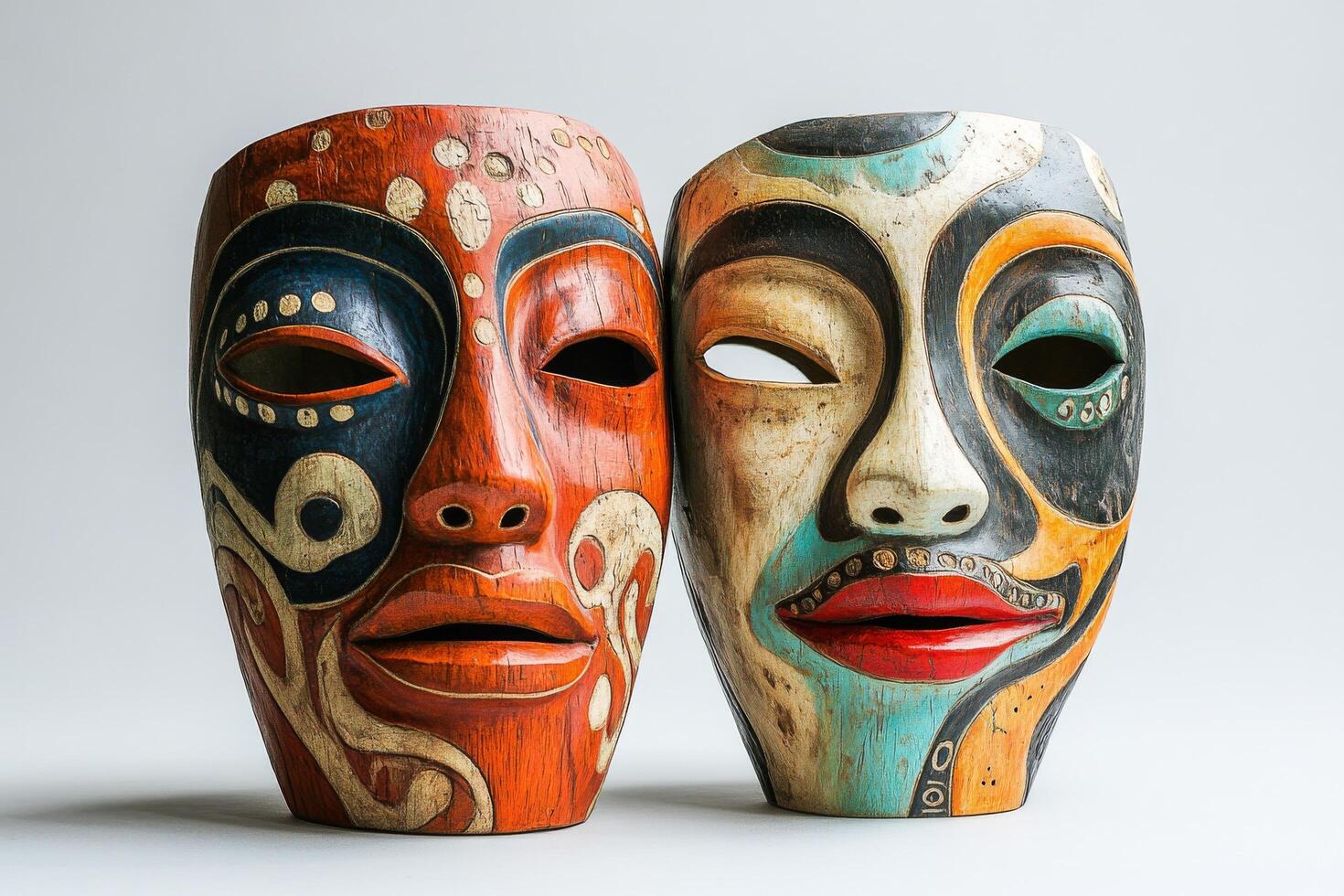 Two wooden masks with different colors photo