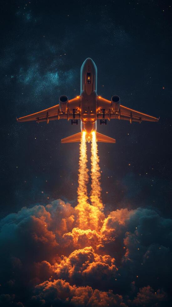 An airplane flying through the clouds at night photo