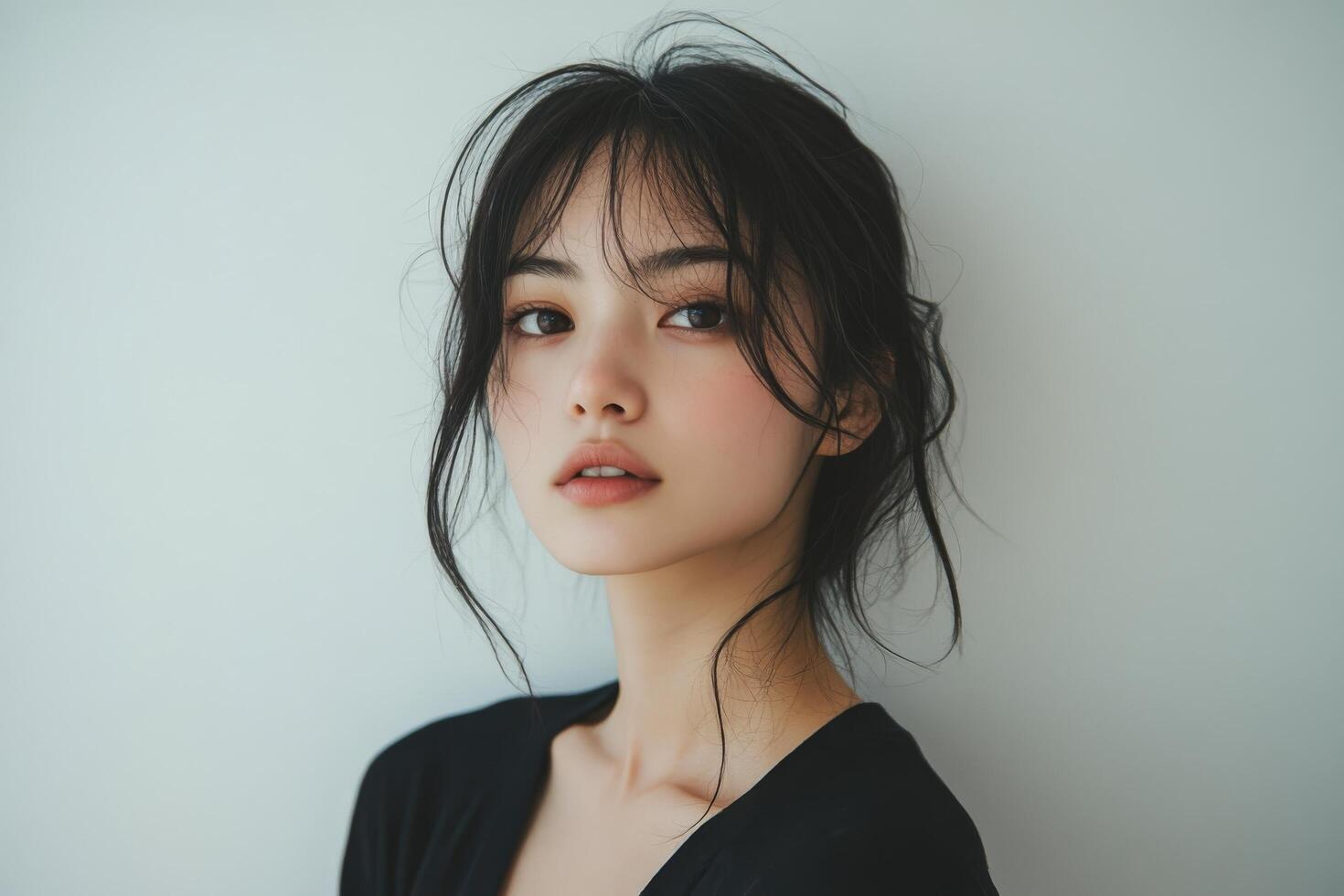 A beautiful young woman with dark hair and a black top photo