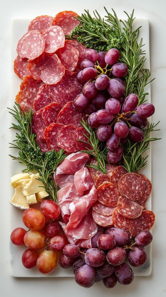 A platter of meat, grapes and cheese photo