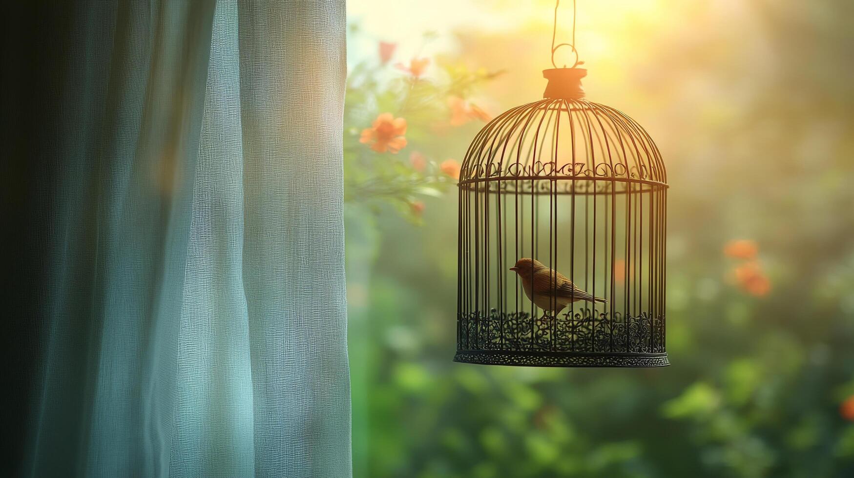 Bird in cage with sun shining through window photo