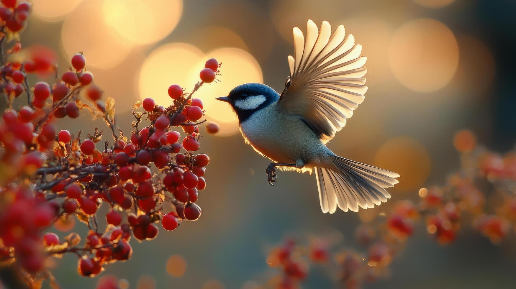 A bird flying over a red berry bush photo