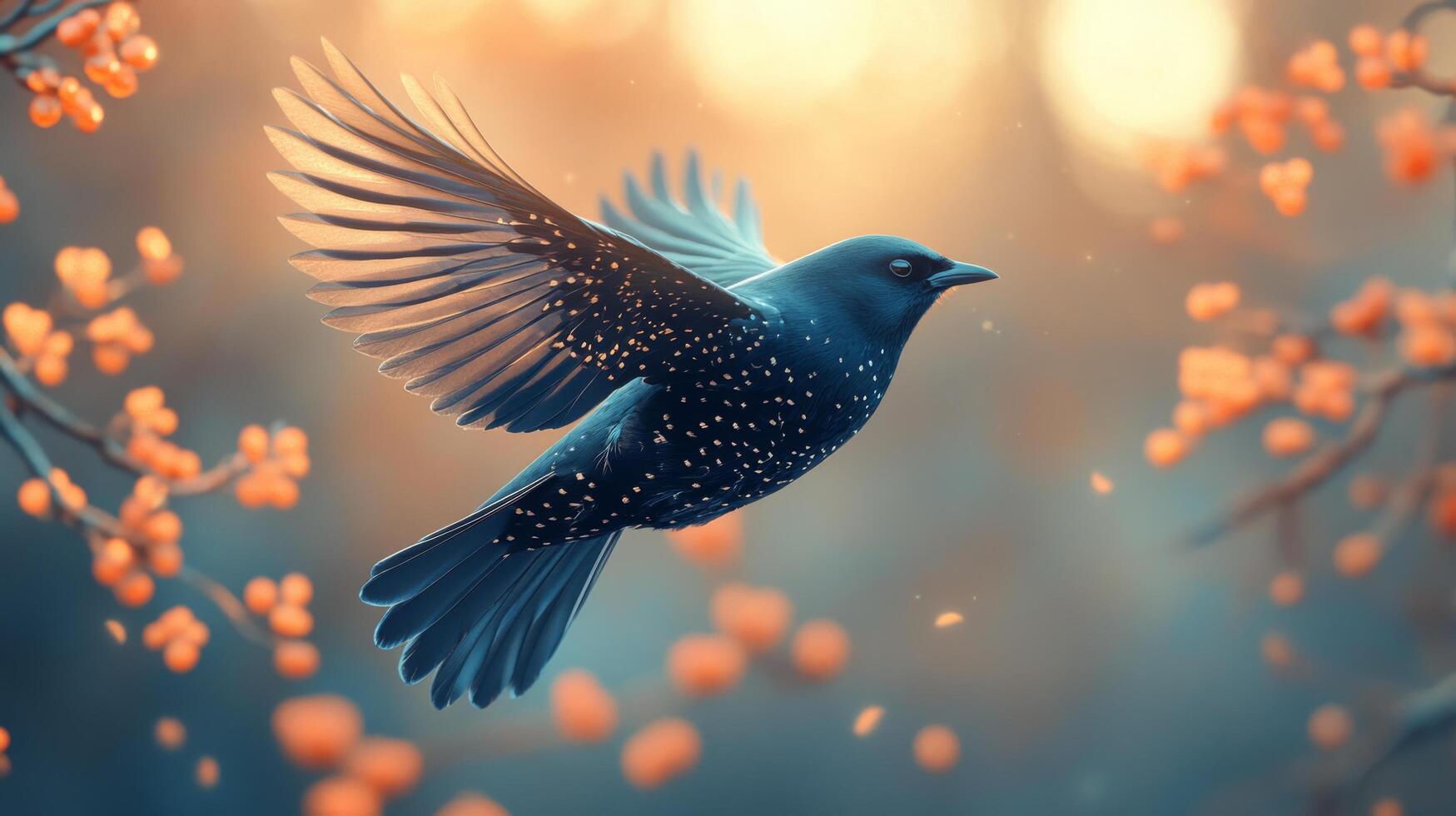A blue bird flying through the air with flowers photo