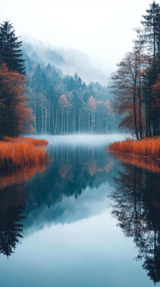 A lake surrounded by trees and fog photo