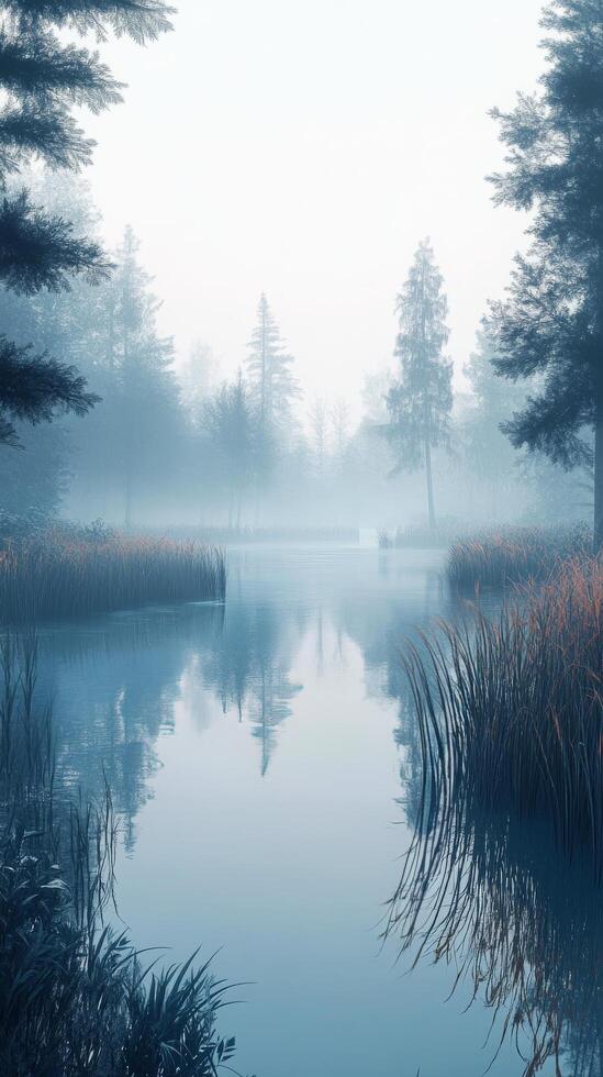 A lake surrounded by tall grass and trees photo