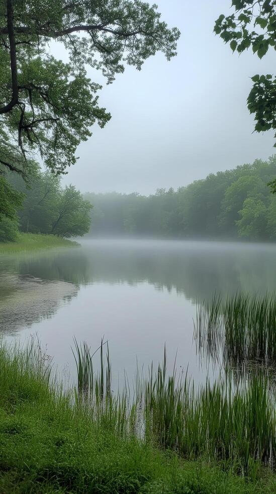 A lake surrounded by trees and grass on a foggy day photo