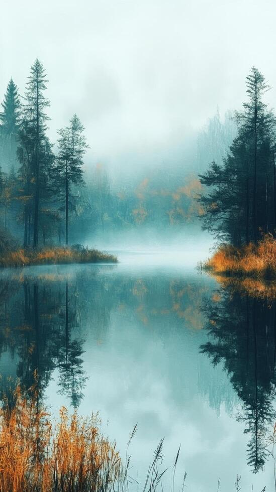 A lake surrounded by trees and fog photo