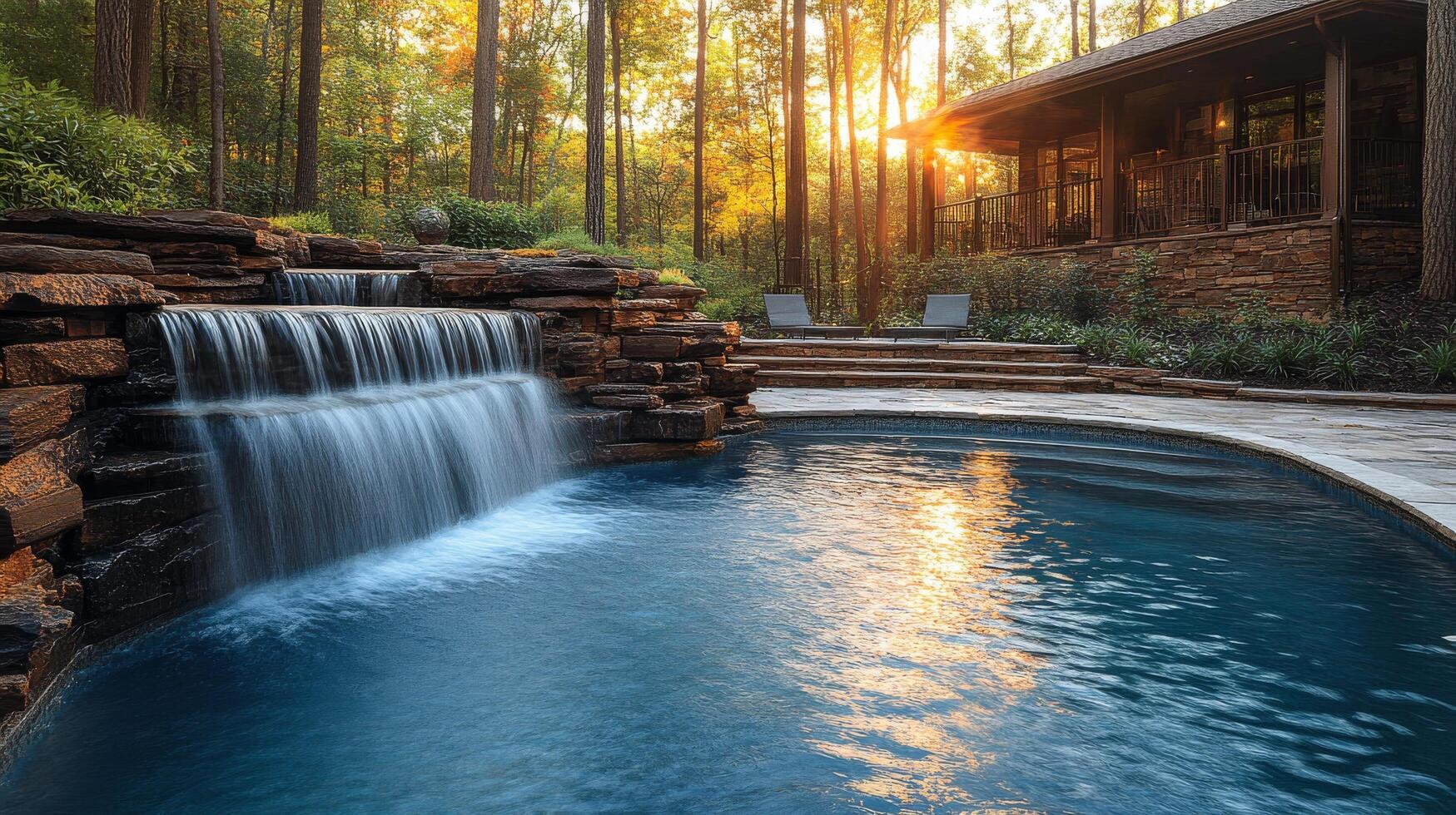 A pool with waterfall and a deck photo