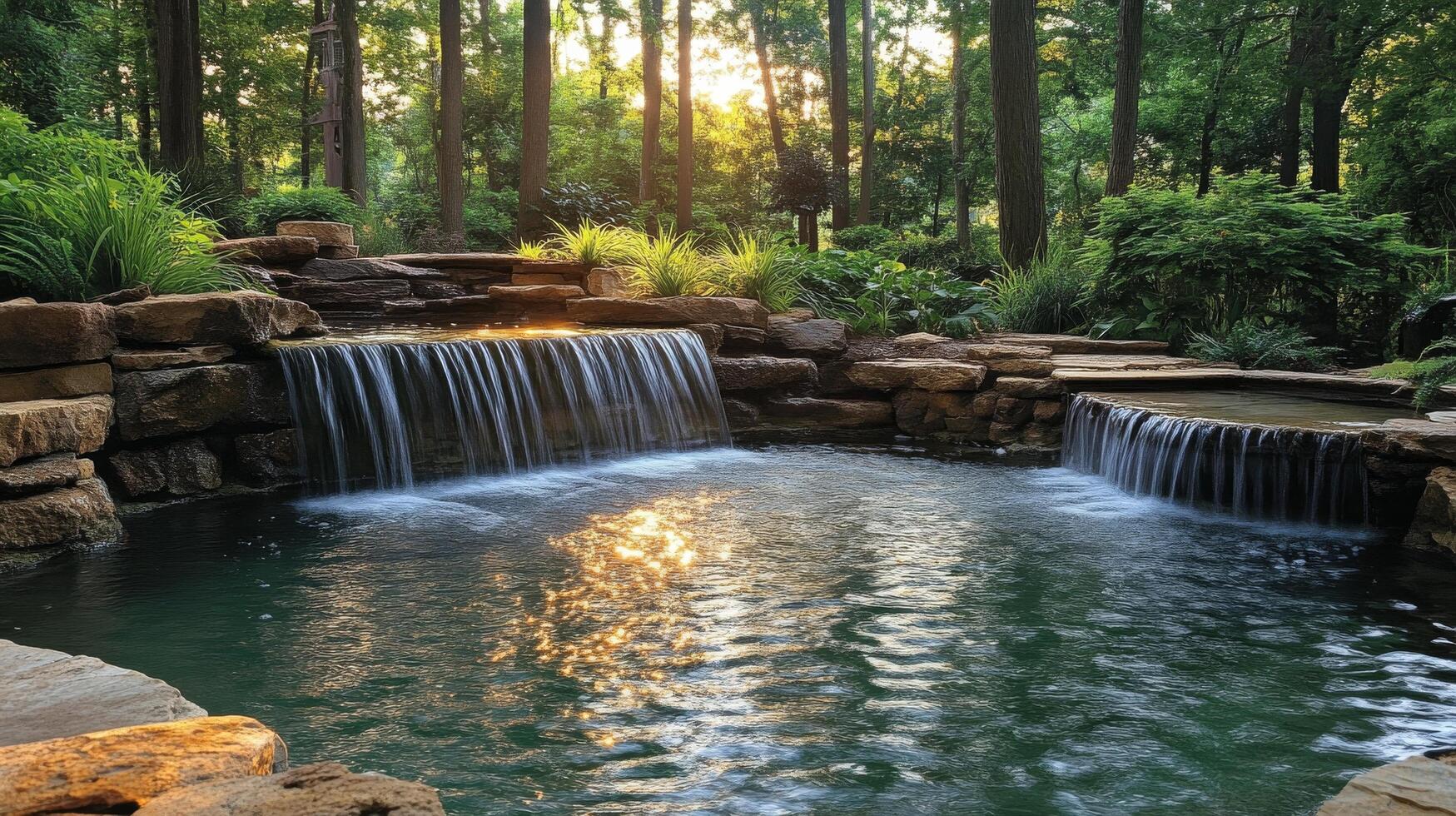 A waterfall in a backyard with rocks and trees photo