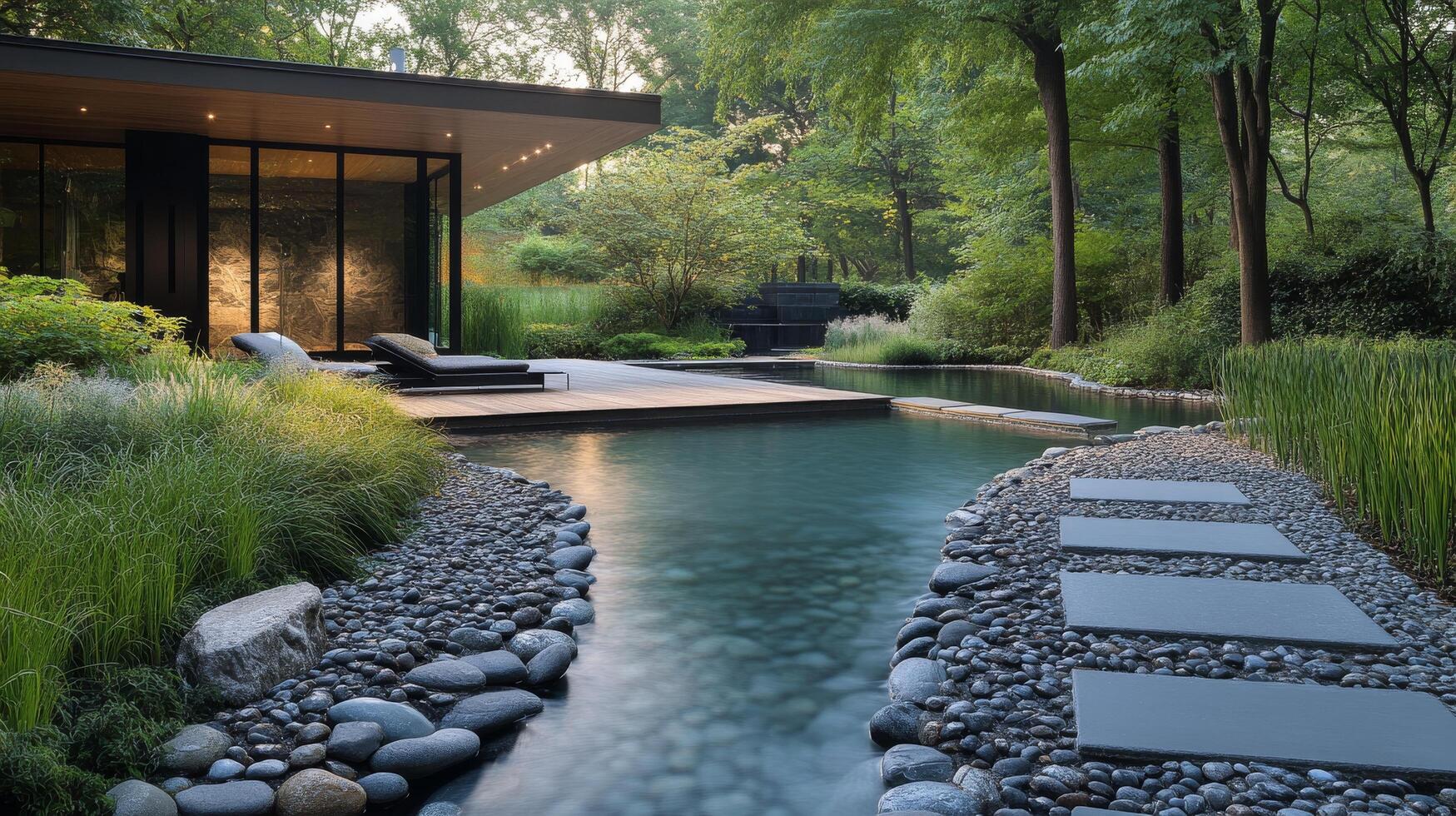 A modern garden with a stream and a lounge chair photo