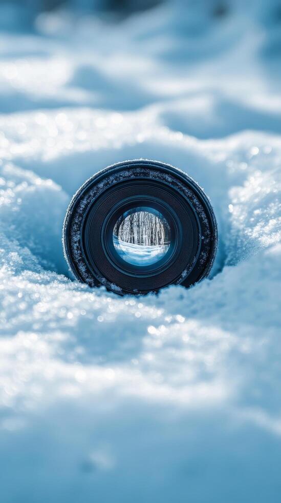 A camera lens is sitting in the snow photo