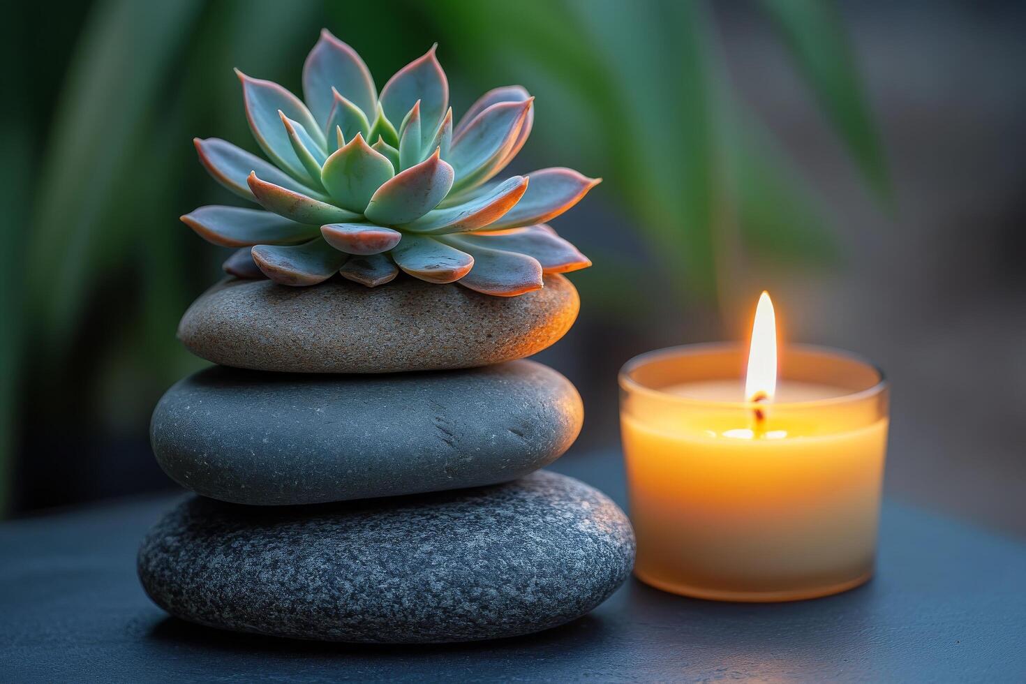A candle and a succulent plant sitting on top of rocks photo