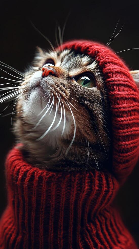 A cat wearing a red sweater and hat photo
