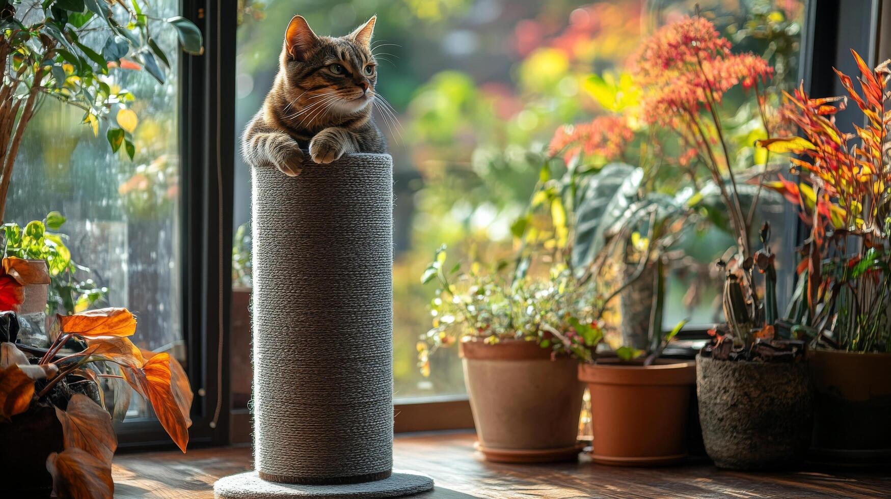 A cat sitting on top of a scratching post photo