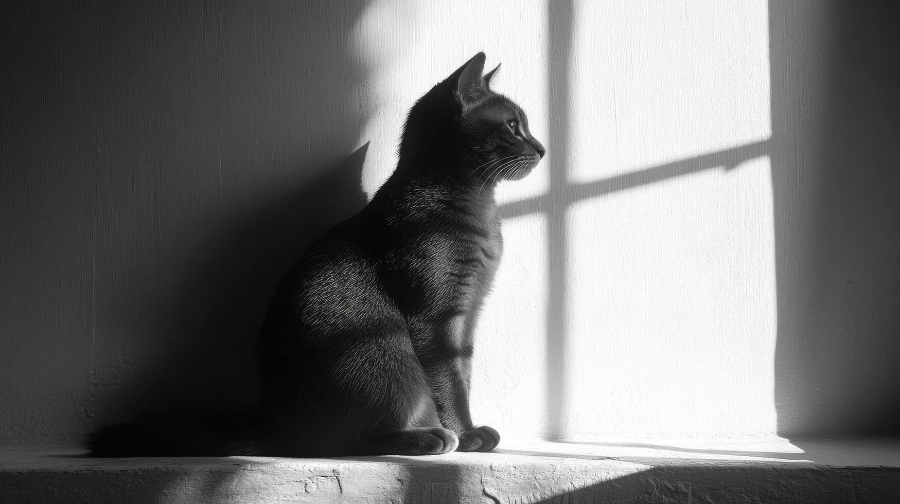 A black and white photo of a cat sitting on a window sill