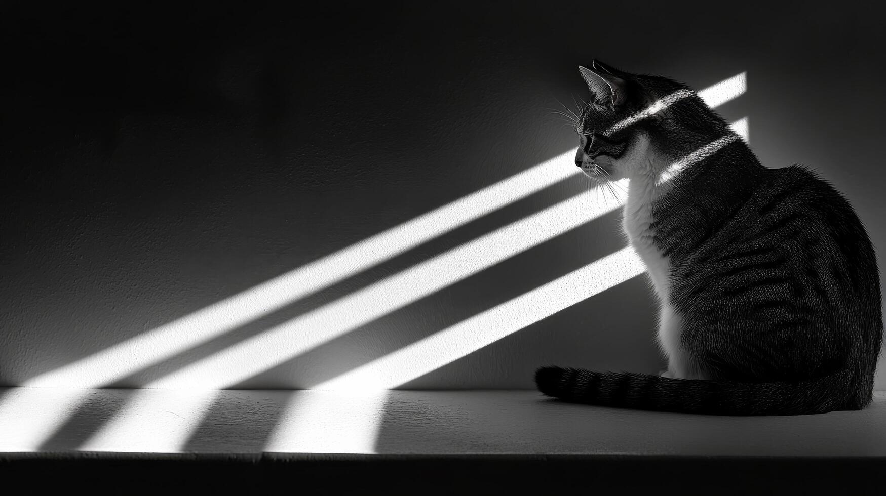 A cat sitting in the sun with shadows on the wall photo