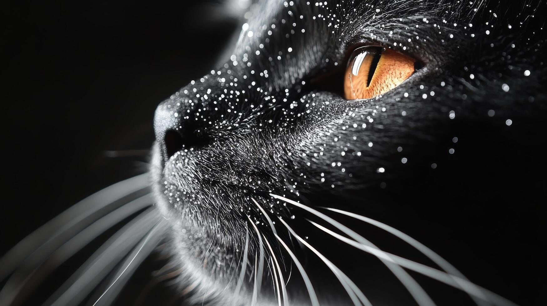 Black cat with orange eyes and droplets of water on its face photo