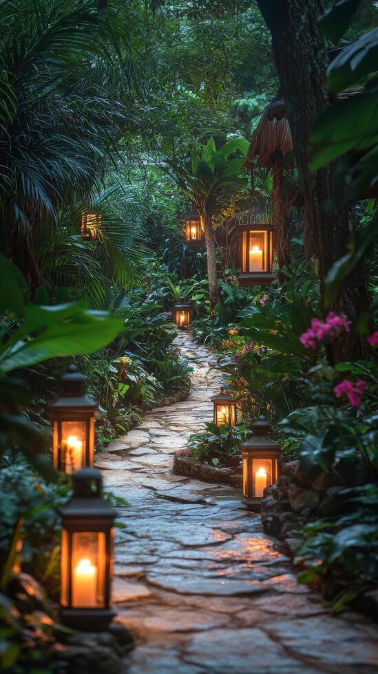 A path in the jungle with lanterns and plants photo