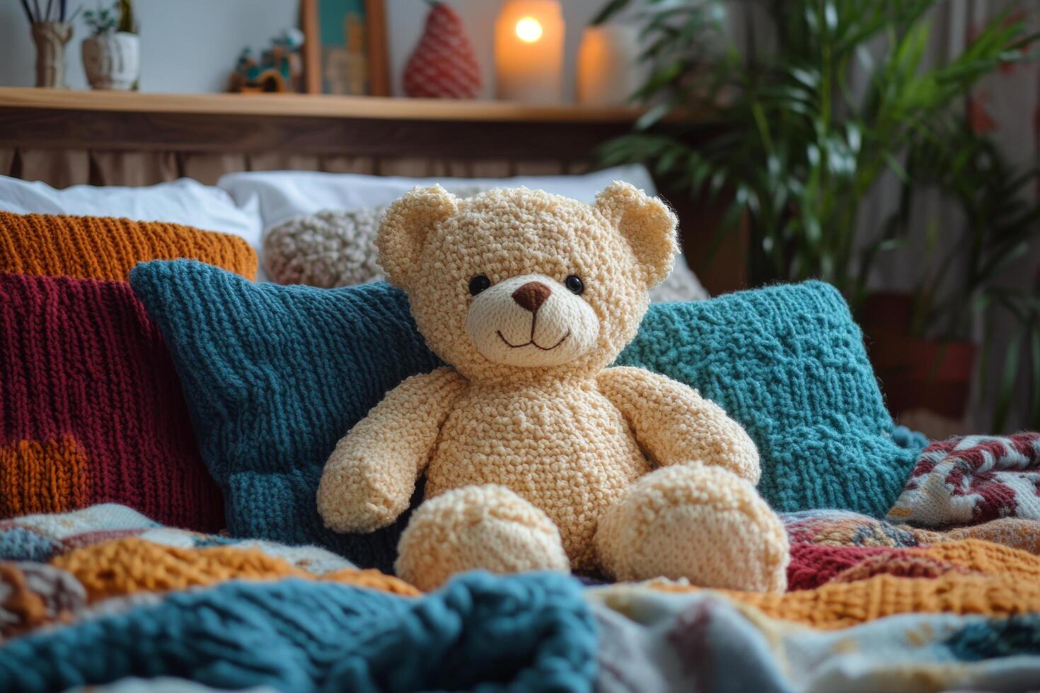 A teddy bear sits on a bed with colorful pillows photo